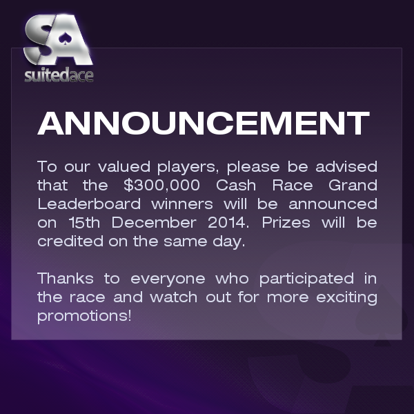 The $300,000 Cash Race Grand Leaderboard winners will be announced on 15th December 2014. Prizes will be credited on the same day.